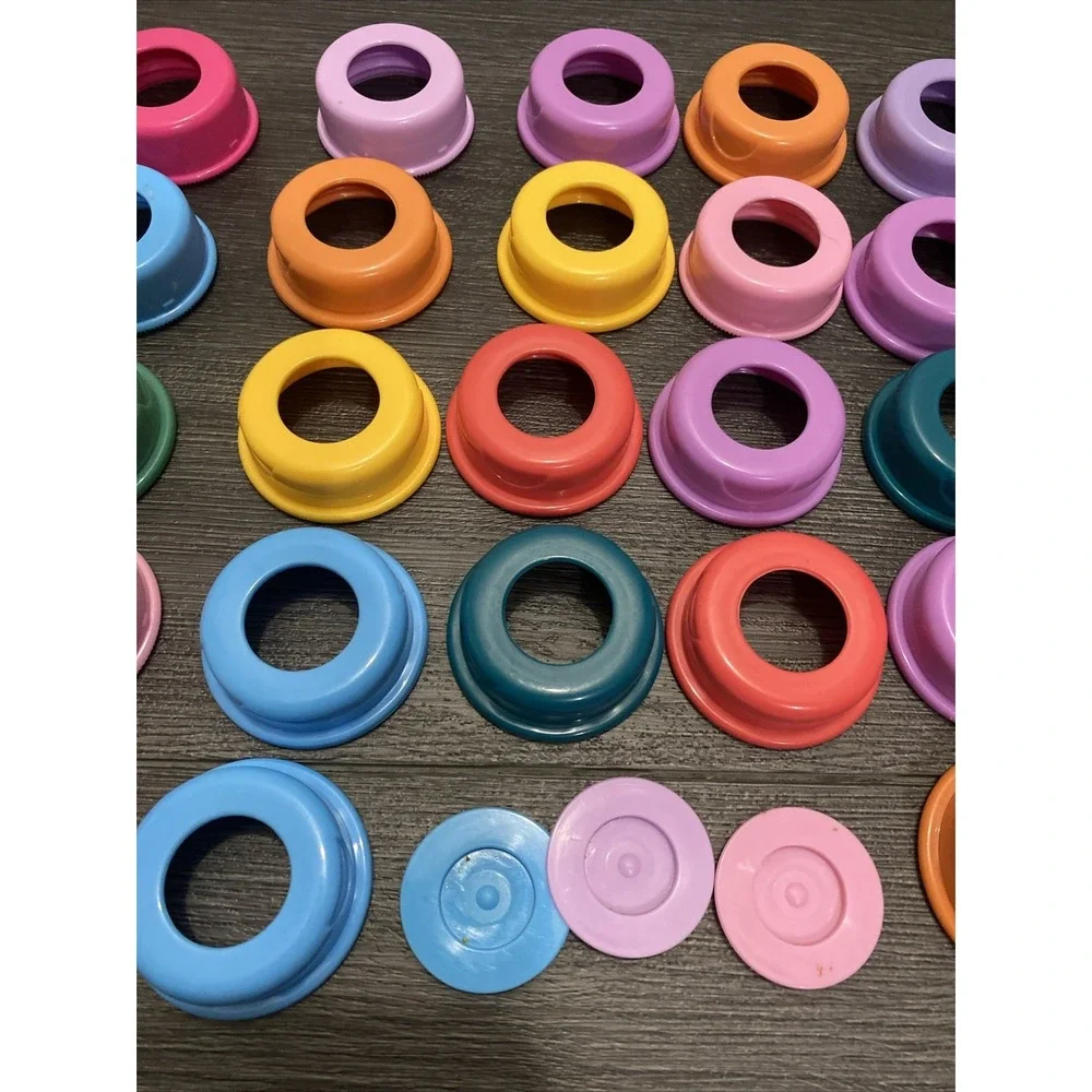 Vintage Colorful Baby Bottle Replacement Parts Caps, Bottle Rings, Seals